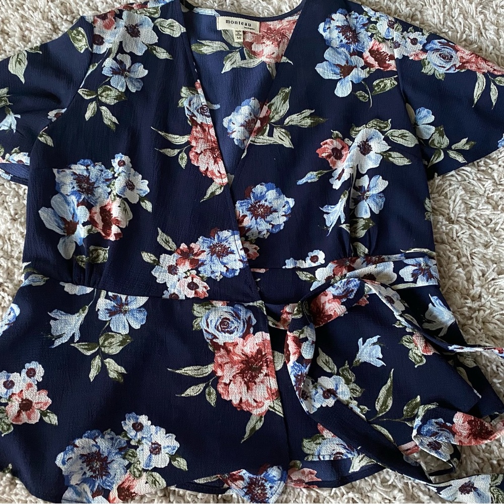 Monteau Blue Wrap Blouse with Short Sleeves and Tie Front